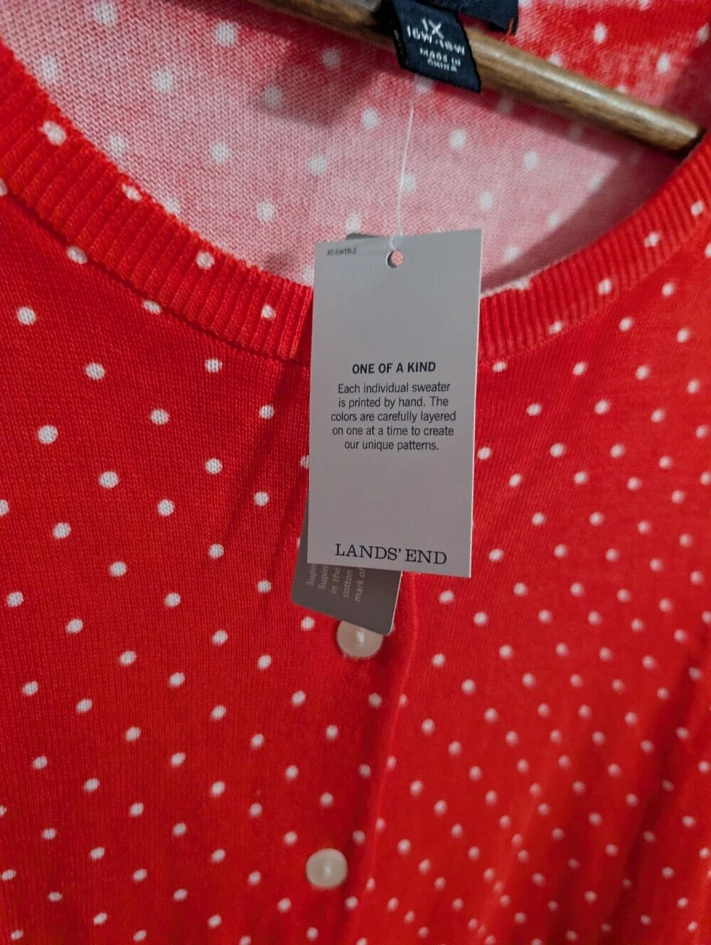 New Lands End Womens Sweater Cardigan Red White Dots Supima Cotton Plus Size 1X